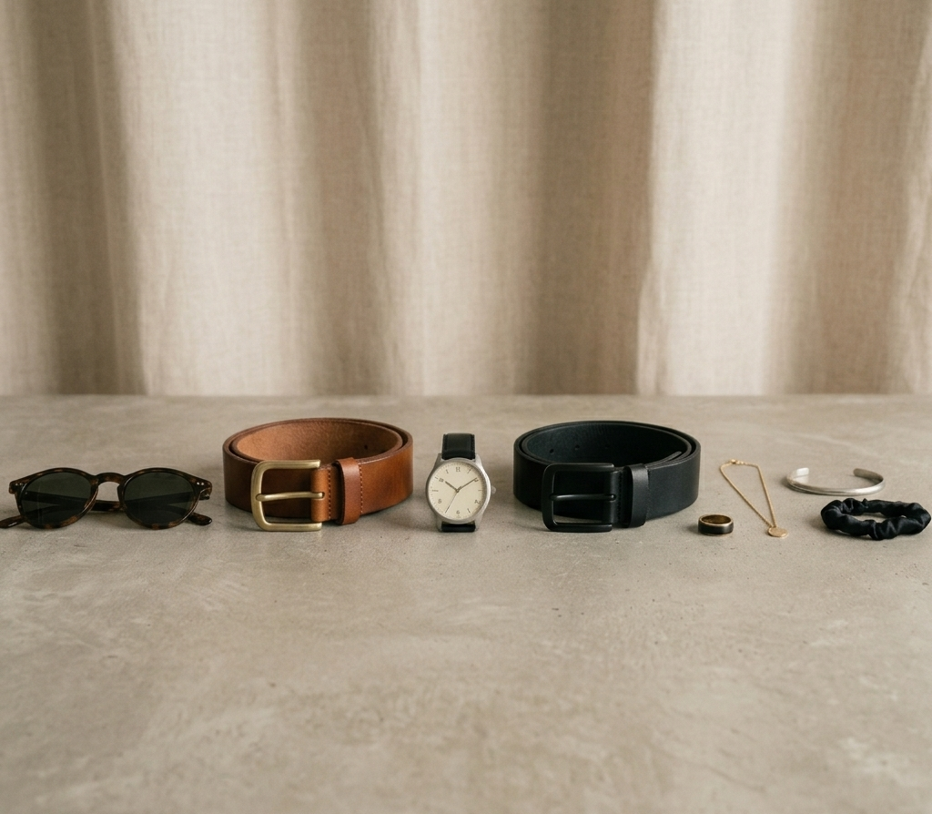Armario Cápsula Colección de accesorios esenciales sobre una superficie de concreto: lentes de sol negros, cinturones de piel en color café y negro, un reloj de pulso minimalista, joyería plateada y una pulsera de cuentas.