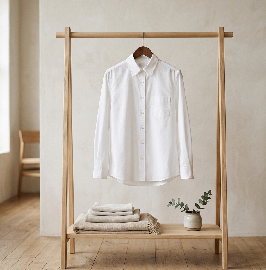 Armario Cápsula Camisa de lino blanca de manga larga colgada en un perchero de madera minimalista, con textiles doblados y una pequeña planta de eucalipto en la repisa inferior sobre un piso de madera.