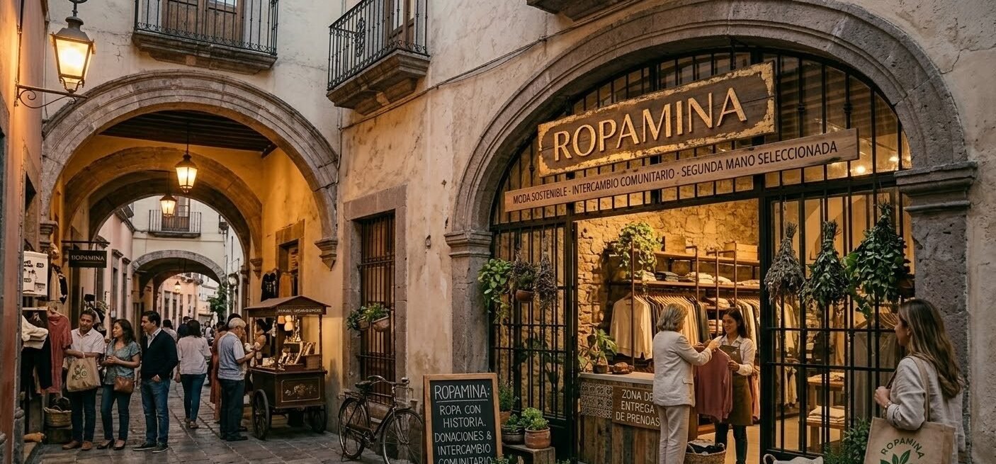Puntos Sustentables Entrada del local llamado “Ropamina” ubicado en un pasillo con arquitectura tipo colonial, con arcos de piedra, paredes en tonos beige y lámparas colgantes. En el interior del local se observan prendas colgadas, en tonos claros en racks iluminados con luz cálida, con decoración de plantas. Afuera hay personas caminando y conversando, además de un letrero que menciona intercambio comunitario, donaciones y ropa con historia. También se aprecian plantas decorativas, una bicicleta recargada en la pared y mesas con objetos en el corredor, hay un puesto de ropa y antigüedades.