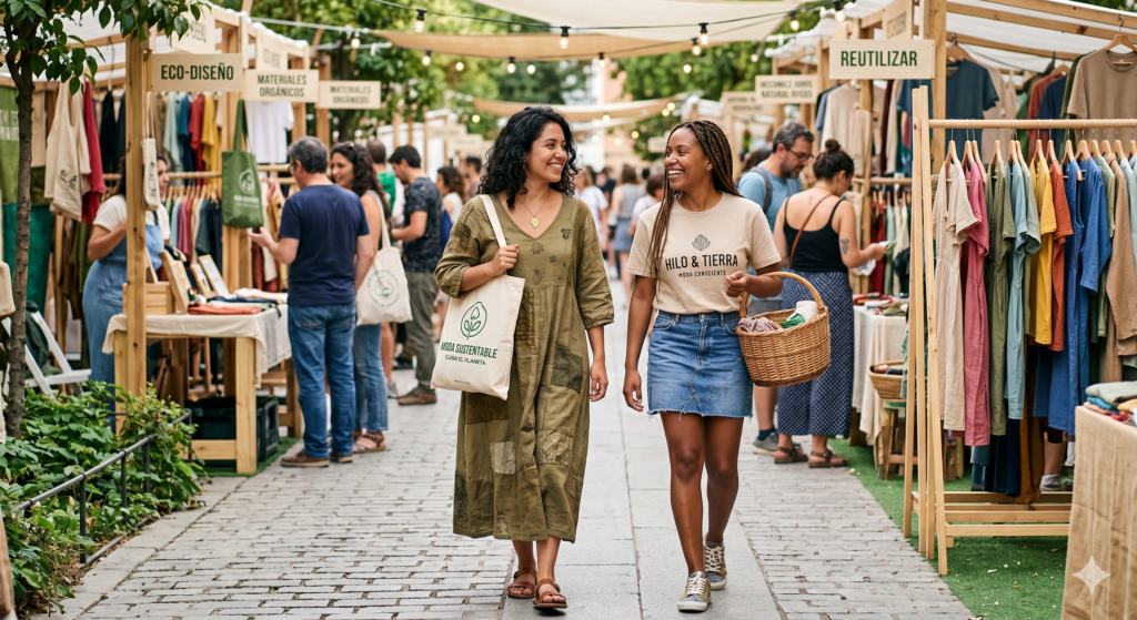 Espacio abierto tipo mercado de segunda mano, sobre una calle empedrada, se encuentran dos mujeres caminando entre hileras de puestos de madera clara y techos de lona beige; a la izquierda, una joven de cabello rizado y vestido verde oliva cuelga de su hombro una bolsa de tela con el lema "MODA SUSTENTABLE", mientras que a su derecha, su compañera de trenzas largas luce una camiseta de "HILO & TIERRA" y una falda de mezclilla mientras sostiene una canasta de mimbre. Sobre ellas cuelgan guirnaldas de luces que iluminan suavemente el entorno, donde resaltan letreros con conceptos como "ECO-DISEÑO", "MATERIALES ORGÁNICOS" y "REUTILIZAR" junto a percheros repletos de prendas en tonos tierra y texturas naturales. Al fondo, una multitud relajada recorre el pasillo flanqueado por follaje verde, creando una atmósfera de consumo consciente y comunidad bajo una luz cálida de atardecer que unifica la paleta de colores orgánicos y textiles artesanales.